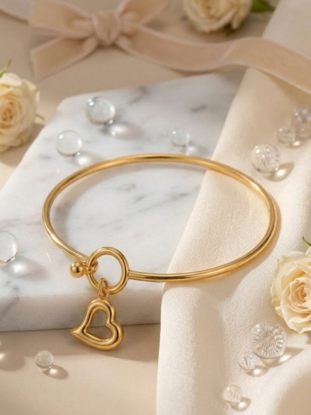 18K Gold Plated 316L SS Hollow Heart Charm Bangle Bracelet Coquette 2.5"